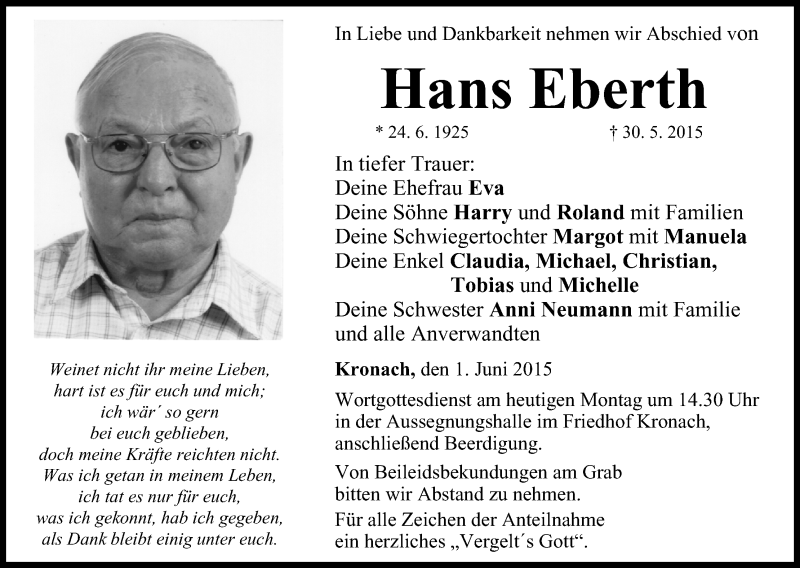  Traueranzeige für Hans Eberth vom 01.06.2015 aus MGO