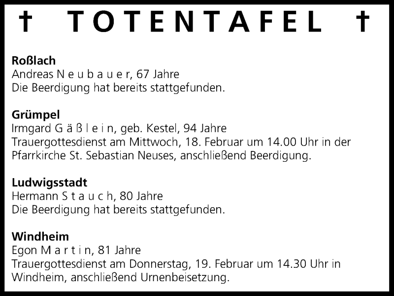  Traueranzeige für Totentafel vom 17.02.2015 vom 17.02.2015 aus MGO