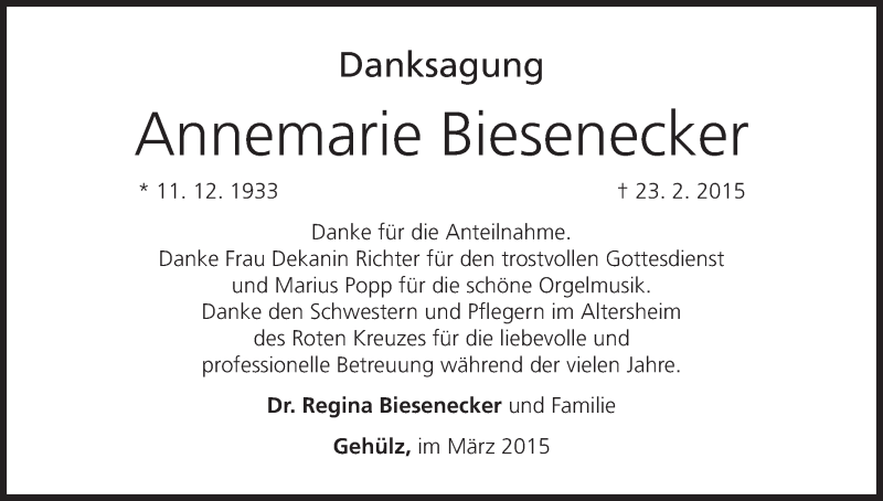  Traueranzeige für Annemarie Biesenecker vom 09.03.2015 aus MGO