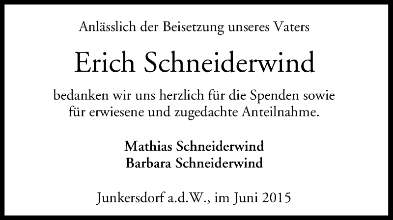  Traueranzeige für Erich Schneiderwind vom 20.06.2015 aus MGO
