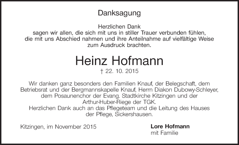  Traueranzeige für Heinz Hofmann vom 07.11.2015 aus MGO