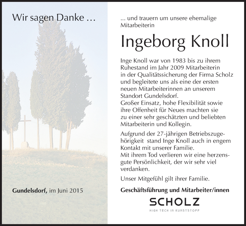  Traueranzeige für Ingeborg Knoll vom 13.06.2015 aus MGO
