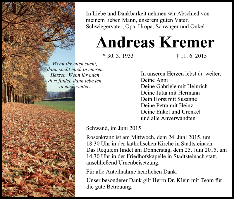  Traueranzeige für Andreas Kremer vom 23.06.2015 aus MGO