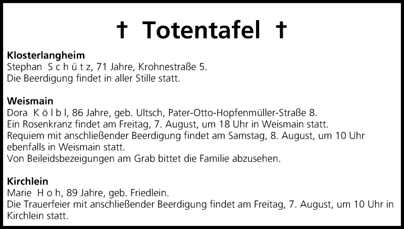  Traueranzeige für Totentafel vom 07.08.2015 vom 07.08.2015 aus MGO