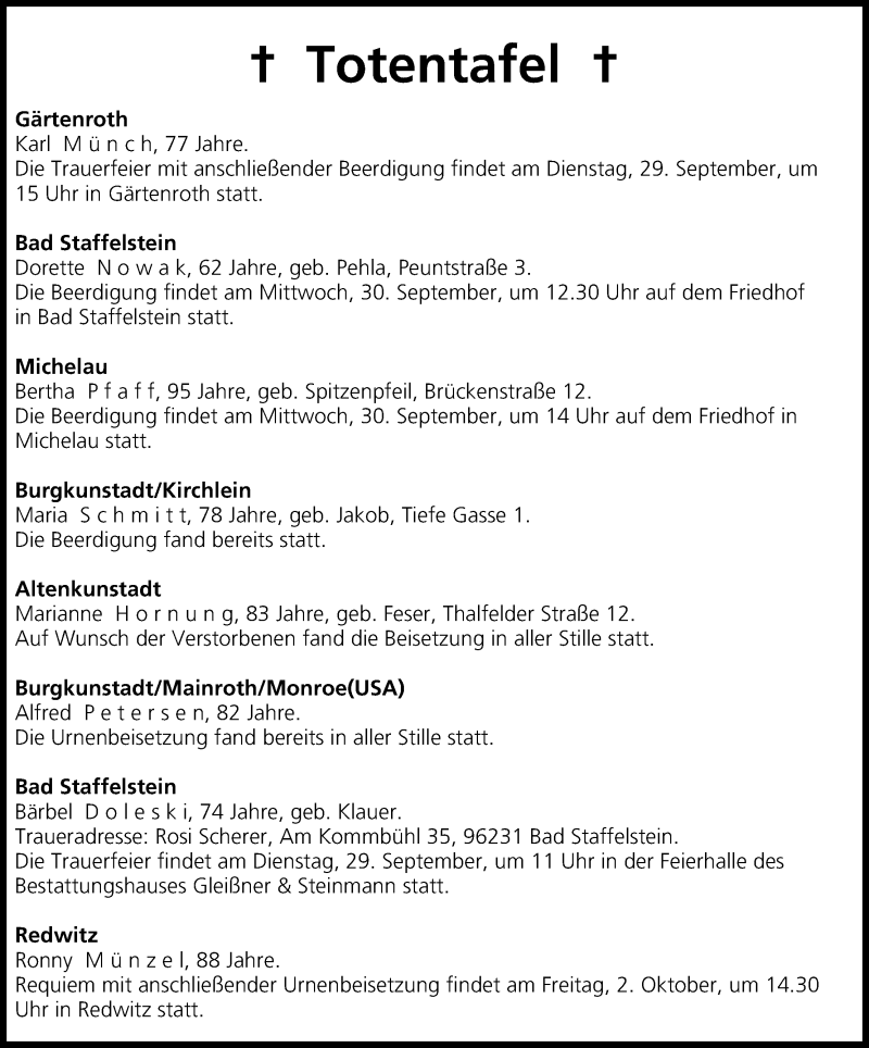  Traueranzeige für Totentafel vom 29.09.2015 vom 29.09.2015 aus MGO