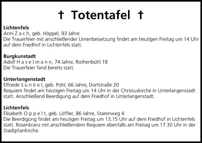  Traueranzeige für Totentafel vom 16.01.2015 vom 16.01.2015 aus MGO
