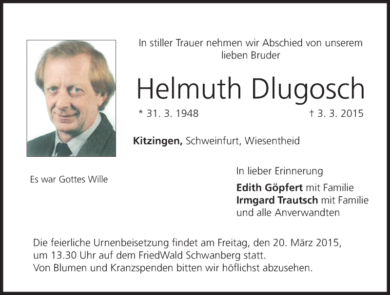  Traueranzeige für Helmuth Dlugosch vom 14.03.2015 aus MGO