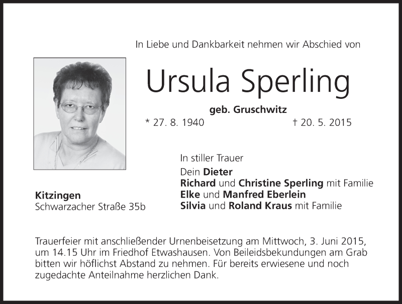  Traueranzeige für Ursula Sperling vom 01.06.2015 aus MGO
