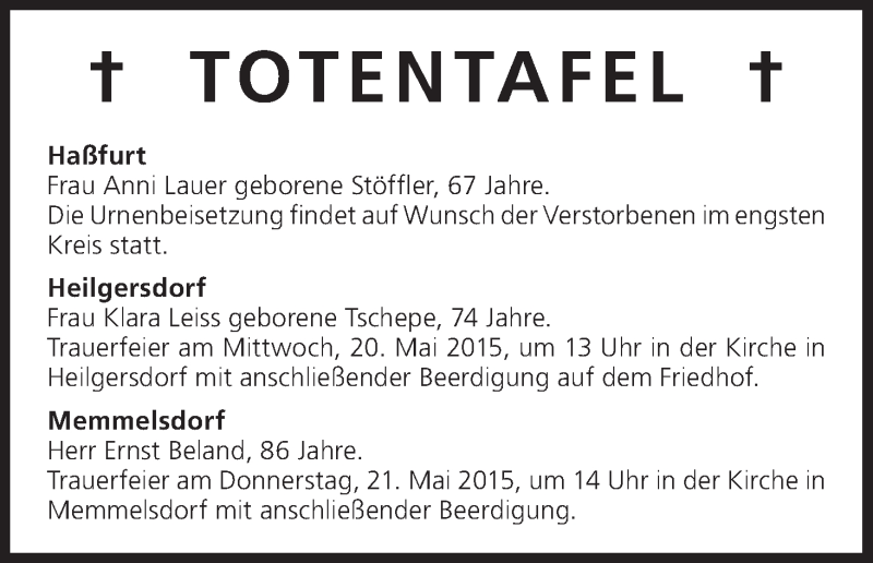  Traueranzeige für Totentafel vom 20.05.2015 vom 20.05.2015 aus MGO