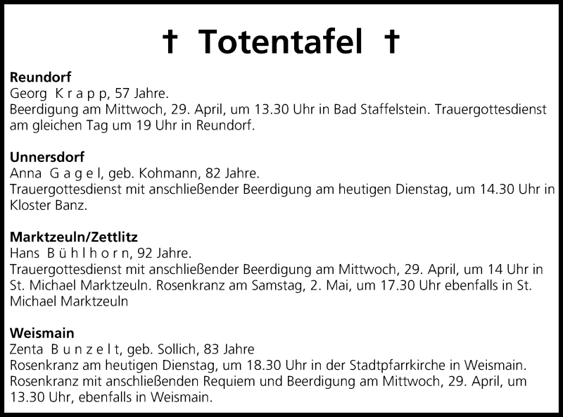  Traueranzeige für Totentafel vom 28.04.2015 vom 28.04.2015 aus MGO