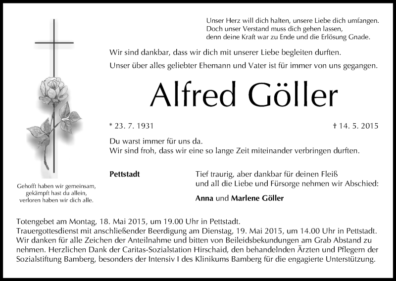  Traueranzeige für Alfred Göller vom 16.05.2015 aus MGO