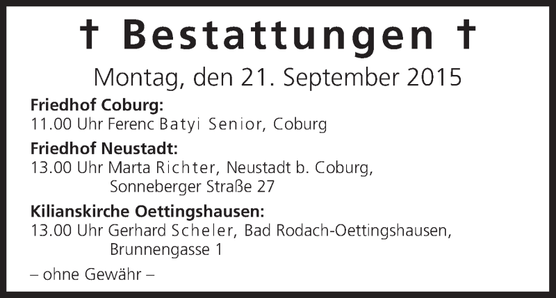 Bestattungen Vom 21.09.2015 | Traueranzeige | Trauer.inFranken.de