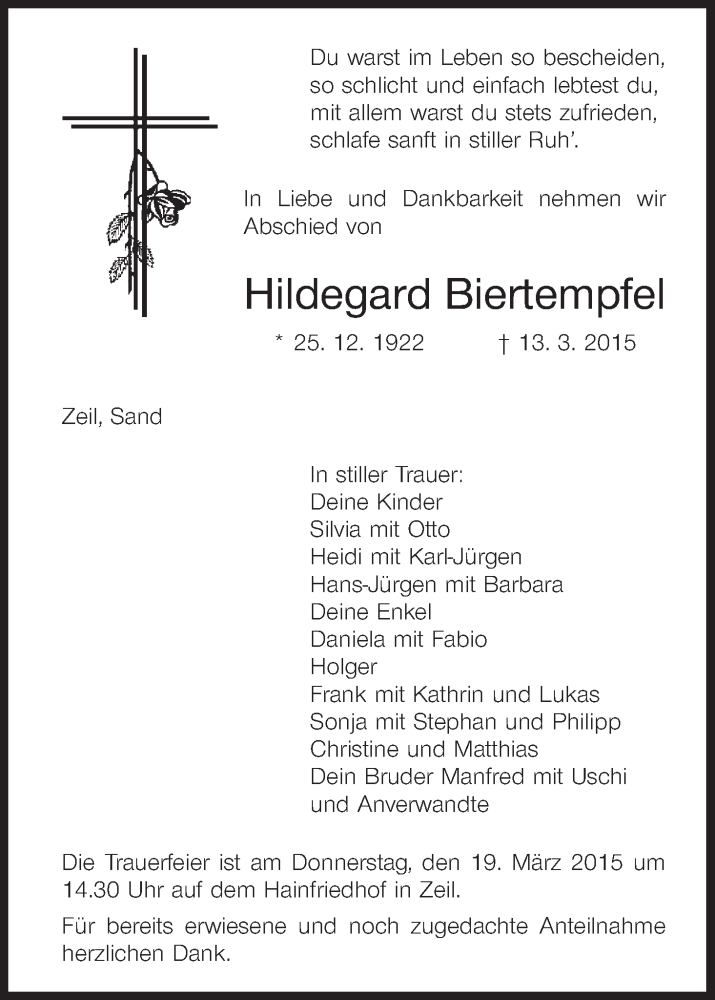  Traueranzeige für Hildegard Biertempfel vom 17.03.2015 aus MGO