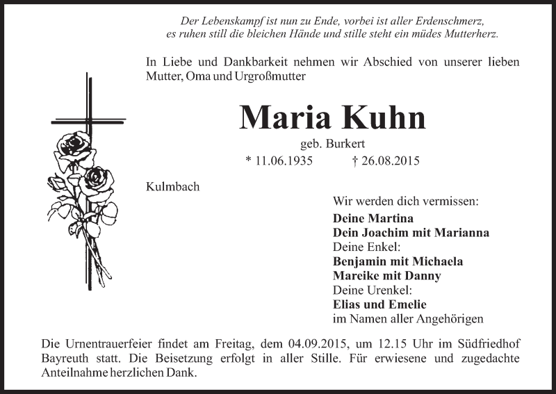  Traueranzeige für Maria Kuhn vom 02.09.2015 aus MGO