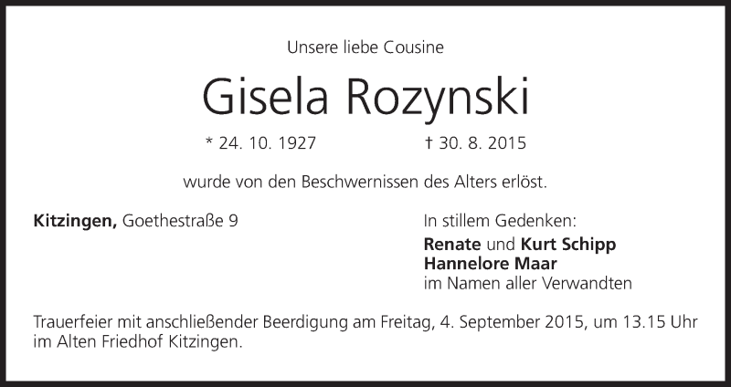  Traueranzeige für Gisela Rozynski vom 02.09.2015 aus MGO