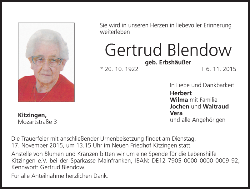  Traueranzeige für Gertrud Blendow vom 14.11.2015 aus MGO