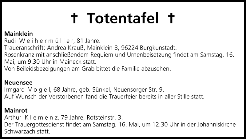 Traueranzeige für Totentafel vom 16.05.2015 vom 16.05.2015 aus MGO