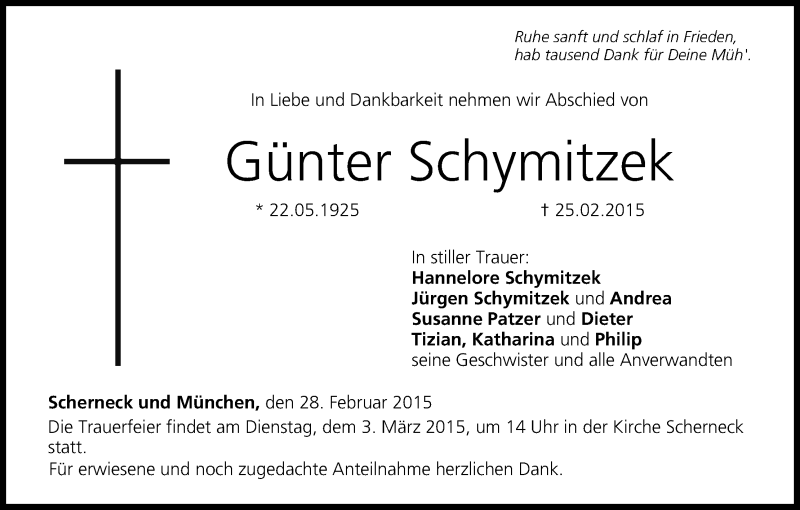  Traueranzeige für Günter Schymitzek vom 28.02.2015 aus MGO