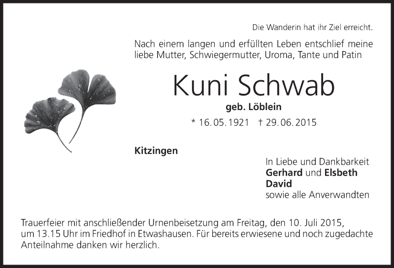  Traueranzeige für Kuni Schwab vom 07.07.2015 aus MGO
