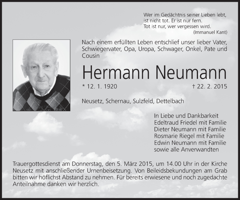  Traueranzeige für Hermann Neumann vom 02.03.2015 aus MGO