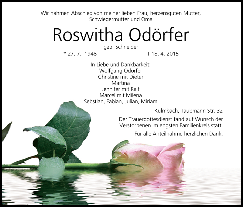  Traueranzeige für Roswitha Odörfer vom 23.04.2015 aus MGO