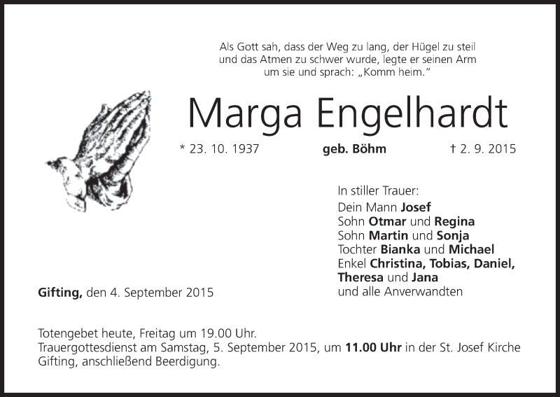  Traueranzeige für Marga Engelhardt vom 04.09.2015 aus MGO
