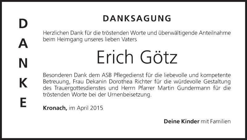  Traueranzeige für Erich Götz vom 18.04.2015 aus MGO