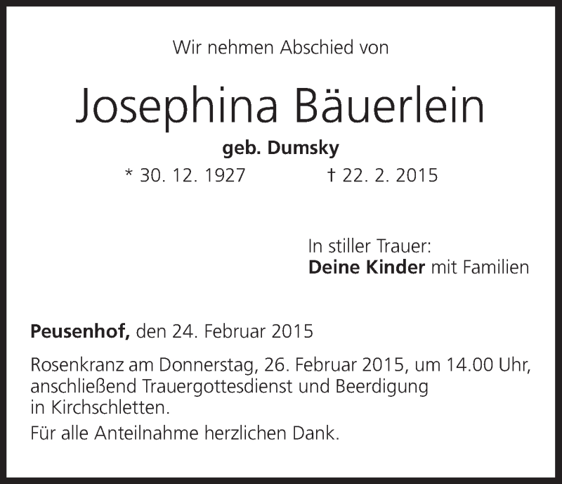 Traueranzeige für Josephina Bäuerlein vom 24.02.2015 aus MGO