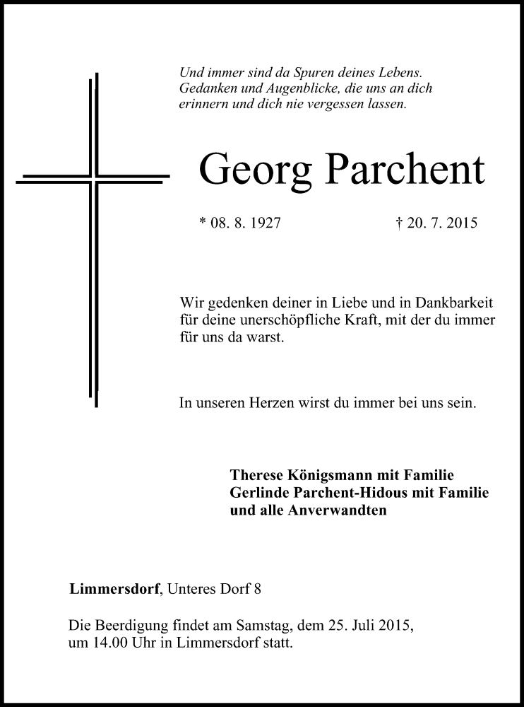  Traueranzeige für Georg Parchent vom 23.07.2015 aus MGO