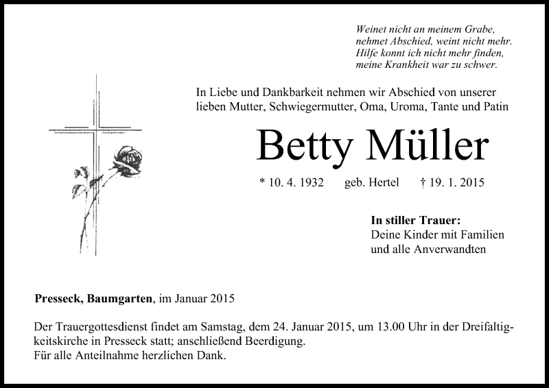  Traueranzeige für Betty Müller vom 22.01.2015 aus MGO