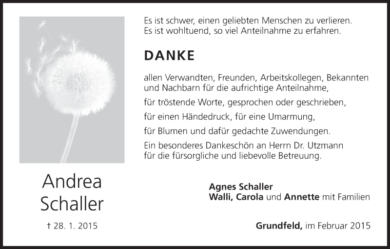  Traueranzeige für Andrea Schaller vom 21.02.2015 aus MGO