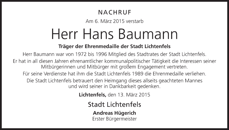  Traueranzeige für Hans Baumann vom 14.03.2015 aus MGO