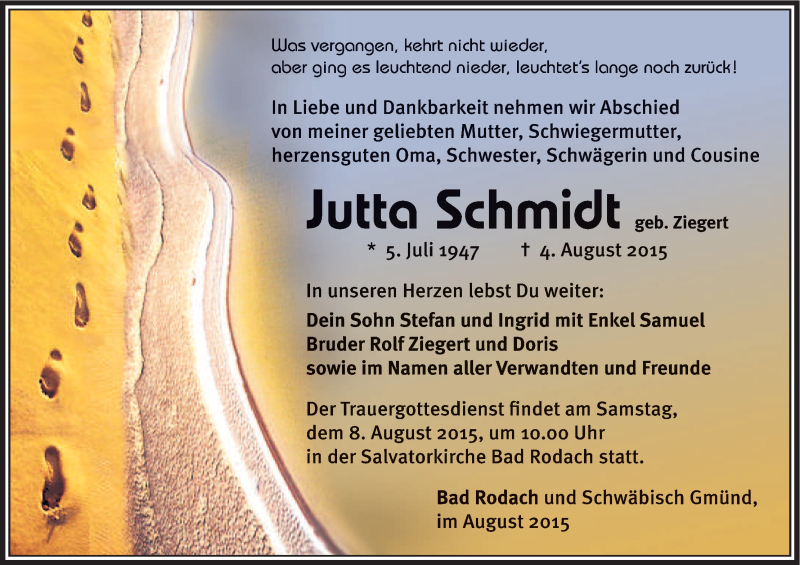  Traueranzeige für Jutta Schmidt vom 06.08.2015 aus MGO