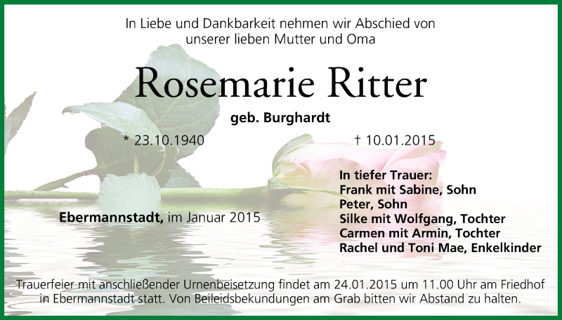  Traueranzeige für Rosemarie Ritter vom 22.01.2015 aus MGO