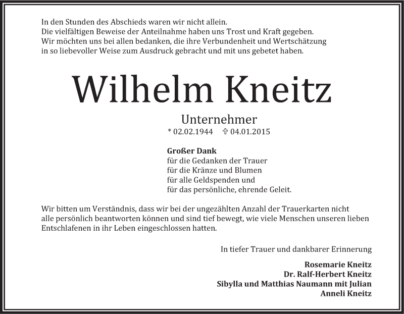  Traueranzeige für Wilhelm Kneitz vom 31.01.2015 aus MGO