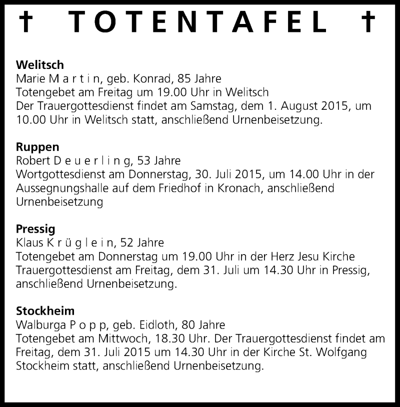  Traueranzeige für Totentafel vom 29.07.2015 vom 29.07.2015 aus MGO