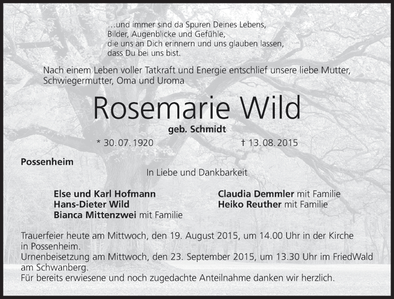  Traueranzeige für Rosemarie Wild vom 19.08.2015 aus MGO