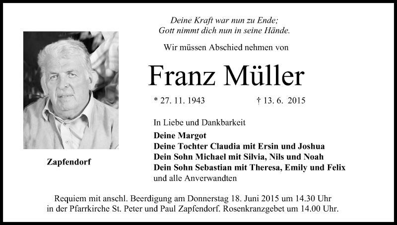  Traueranzeige für Franz Müller vom 16.06.2015 aus MGO