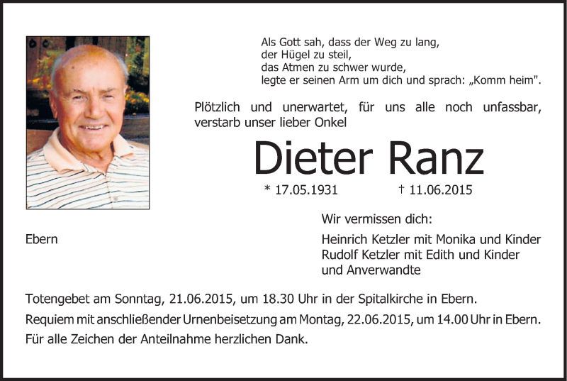  Traueranzeige für Dieter Ranz vom 17.06.2015 aus MGO