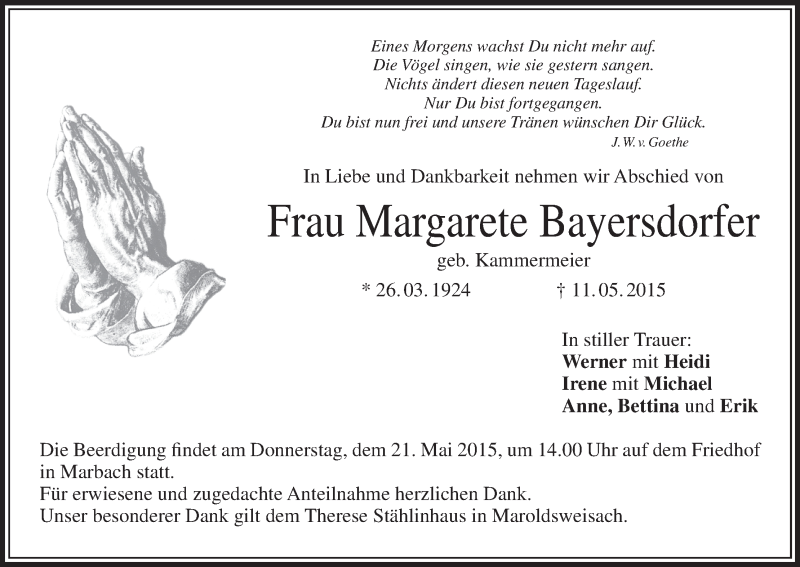  Traueranzeige für Margarete Bayersdorfer vom 19.05.2015 aus MGO
