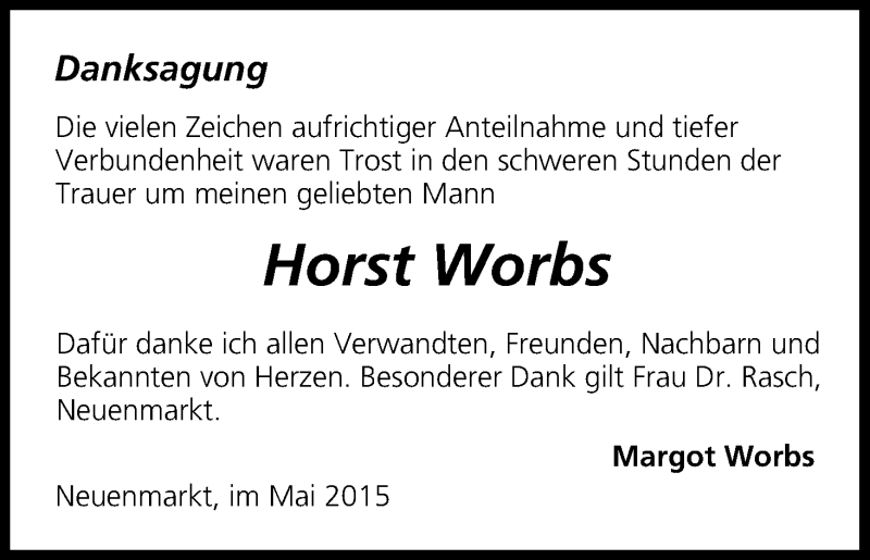 Traueranzeige für Horst Worbs vom 05.05.2015 aus MGO