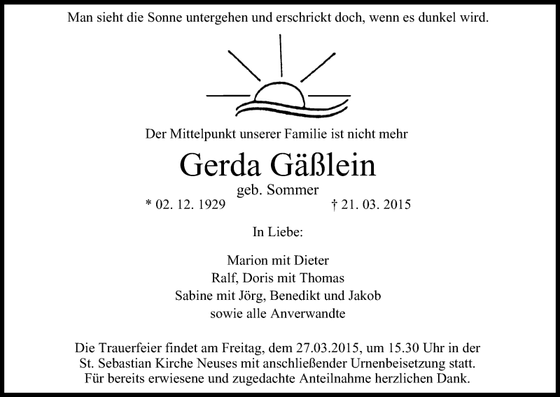  Traueranzeige für Gerda Gäßlein vom 25.03.2015 aus MGO