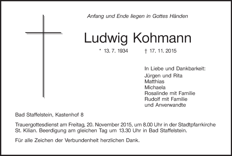  Traueranzeige für Ludwig Kohmann vom 19.11.2015 aus MGO