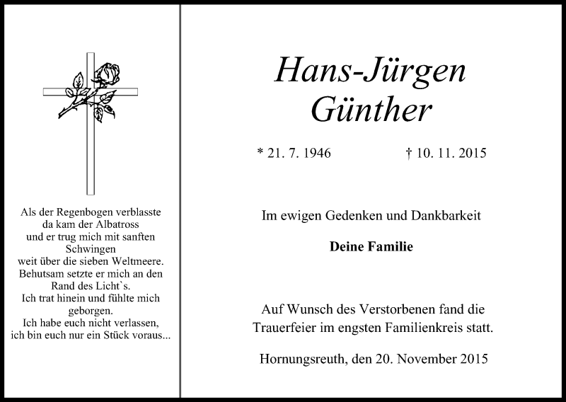  Traueranzeige für Hans-Jürgen Günther vom 21.11.2015 aus MGO