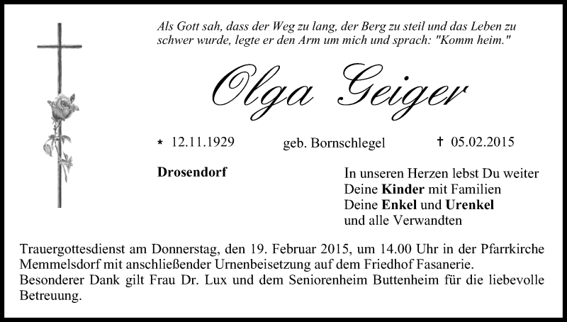  Traueranzeige für Olga Geiger vom 14.02.2015 aus MGO