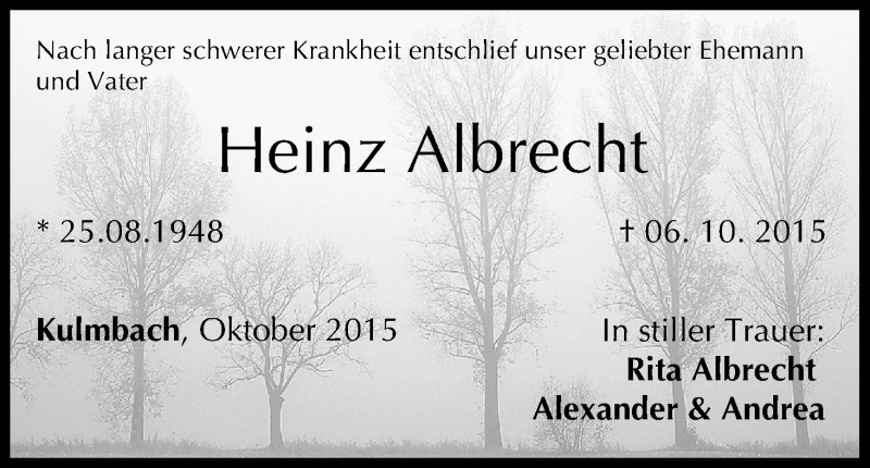  Traueranzeige für Heinz Albrecht vom 08.10.2015 aus MGO