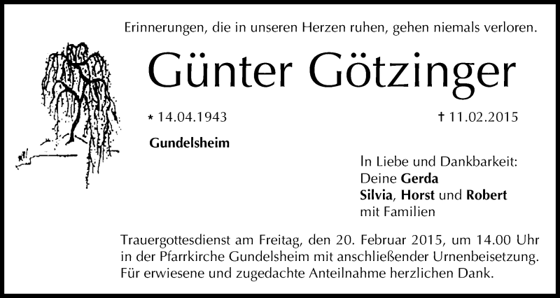  Traueranzeige für Günter Götzinger vom 17.02.2015 aus MGO
