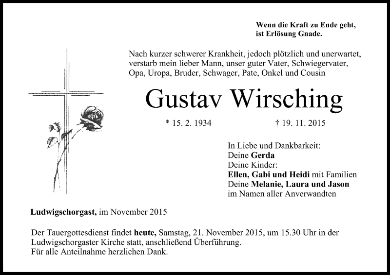  Traueranzeige für Gustav Wirsching vom 21.11.2015 aus MGO