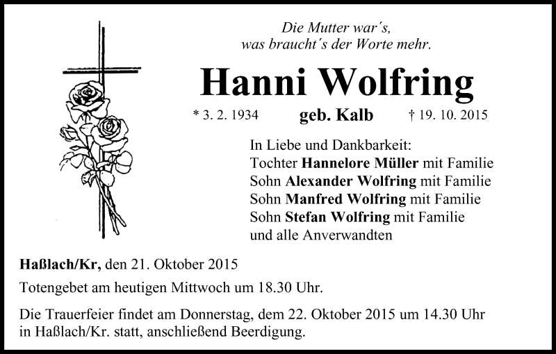  Traueranzeige für Hanni Wolfring vom 21.10.2015 aus MGO