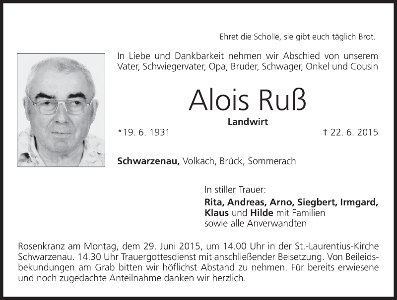  Traueranzeige für Alois Ruß vom 25.06.2015 aus MGO
